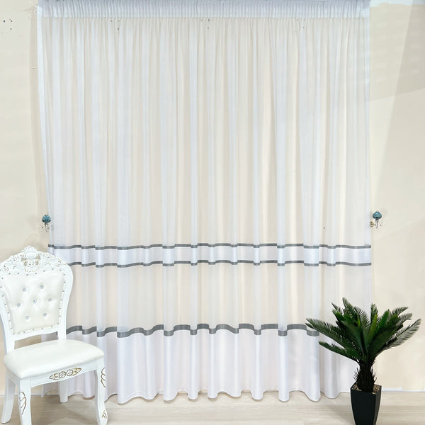 Maschenvorhang mit Streifen Weiß – mit Kräuselband (1 Stück)