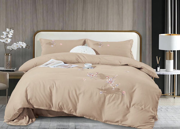 4-teiliges besticktes Bettwäsche-Set aus doppelt gewebter Feinbiber-Baumwolle Beige