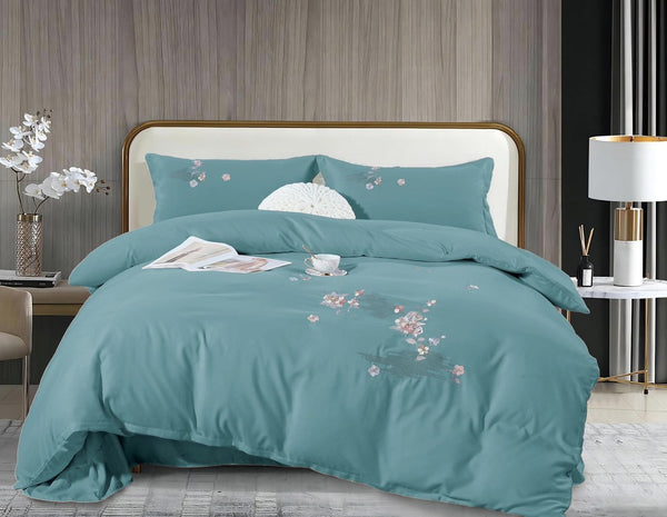 4-teiliges besticktes Bettwäsche-Set aus doppelt gewebter Feinbiber-Baumwolle Türkis
