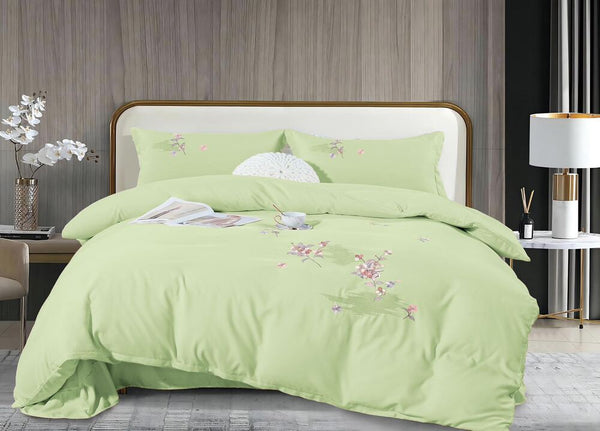 4-teiliges besticktes Bettwäsche-Set aus doppelt gewebter Feinbiber-Baumwolle Grüner Apfel