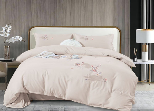 4-teiliges besticktes Bettwäsche-Set aus doppelt gewebter Feinbiber-Baumwolle Creme