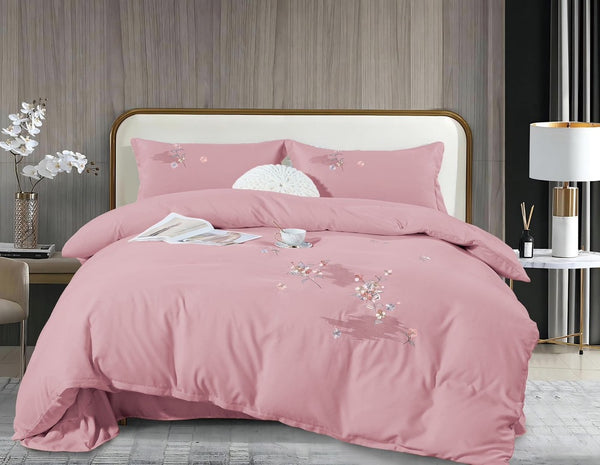 4-teiliges besticktes Bettwäsche-Set aus doppelt gewebter Feinbiber-Baumwolle Rose