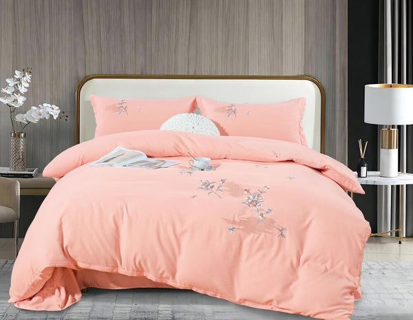 4-teiliges besticktes Bettwäsche-Set aus doppelt gewebter Feinbiber-Baumwolle Pfirsich