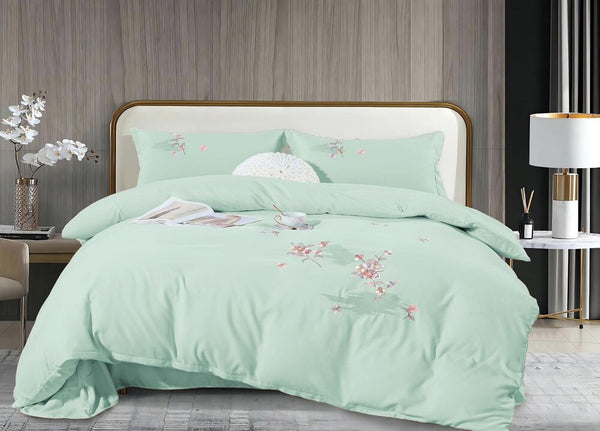 4-teiliges besticktes Bettwäsche-Set aus doppelt gewebter Feinbiber-Baumwolle Mintgrün