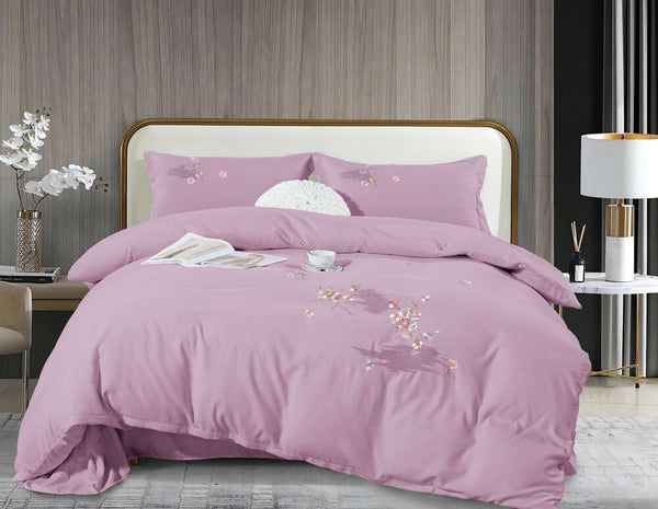 4-teiliges besticktes Bettwäsche-Set aus doppelt gewebter Feinbiber-Baumwolle Lavendel