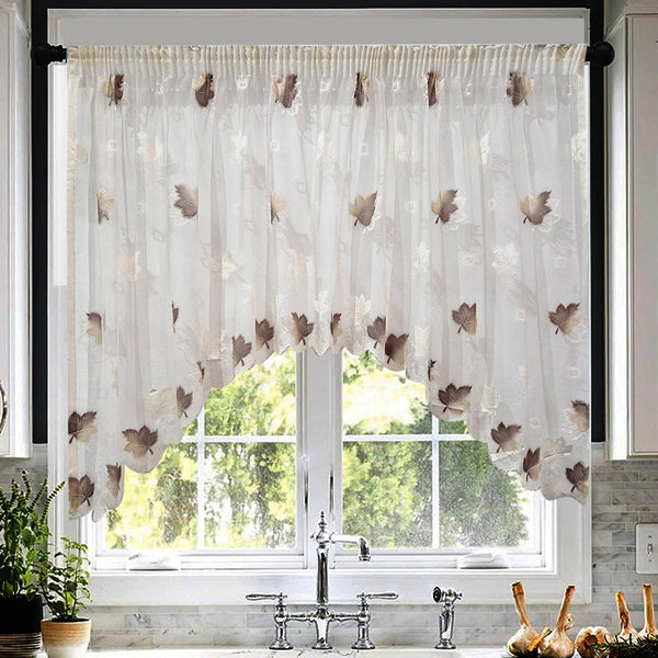Küchenvorhang mit Ahornblattmuster Weiß – mit Kräuselband (1 Stück)