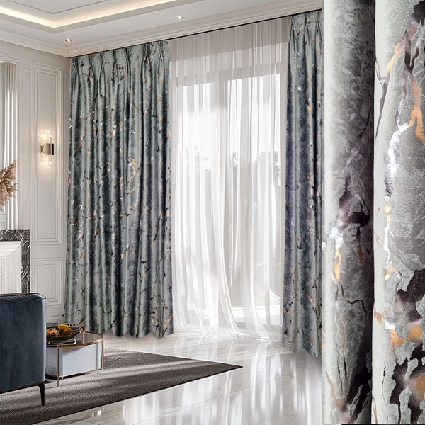 Folien gedruckter Samt 80% Verdunkelung Hellgrau – mit Kräuselband (1 Stück)