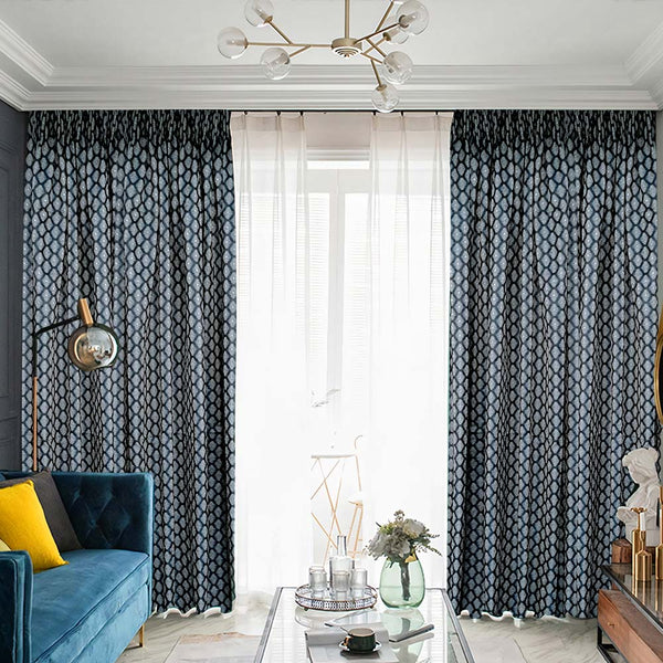 Edel Vorhang mit grafischem/geometrischem Blau – mit Kräuselband (1 Stück)