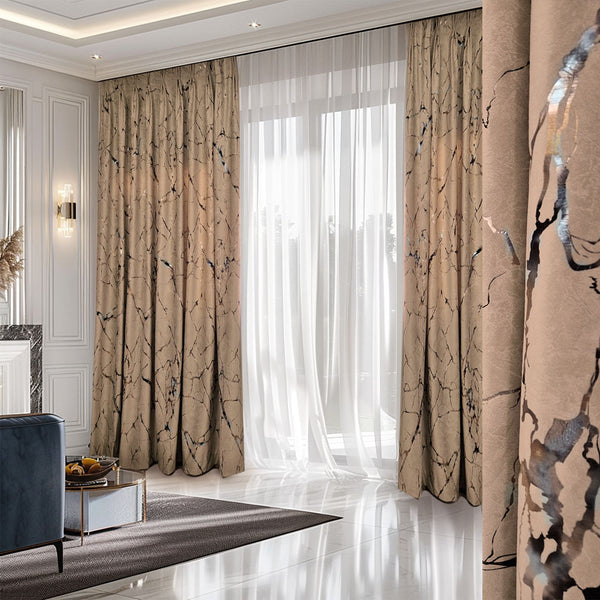 Folien gedruckter Samt 80% Verdunkelung Beige – mit Kräuselband (1 Stück)