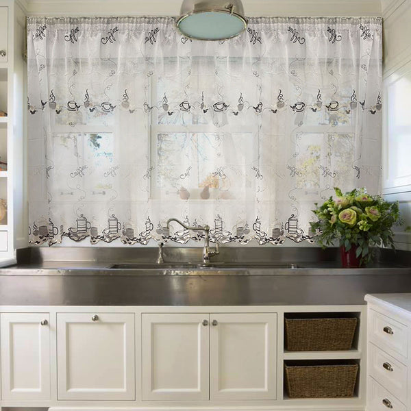 Küchenvorhang mit Stickerei in Elfenbein/Braun – mit Kräuselband (1 Stück)