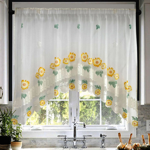 Küchenvorhang Sonnenblumenmuster Weiß – mit Kräuselband (1 Stück)
