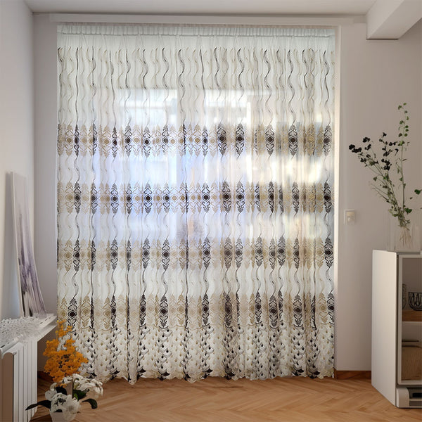 Luxus Bestickter Vorhang mit Blumen Beige/Braun – mit Kräuselband (1 Stück)