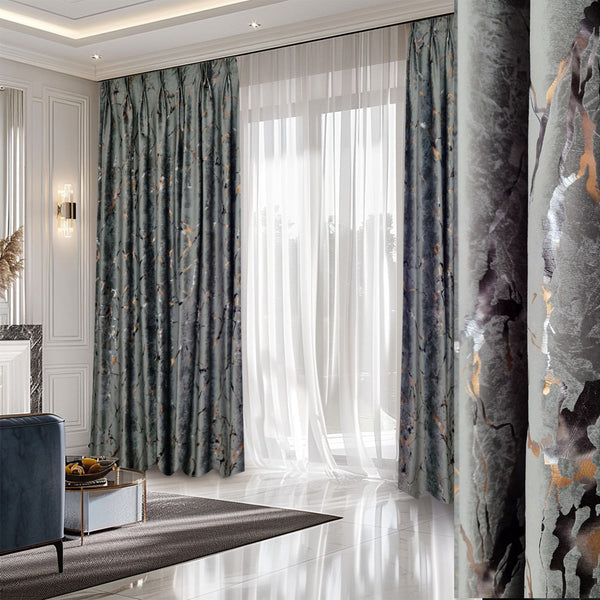 Folien gedruckter Samt 80% Verdunkelung Mittelgrau – mit Kräuselband (1 Stück)