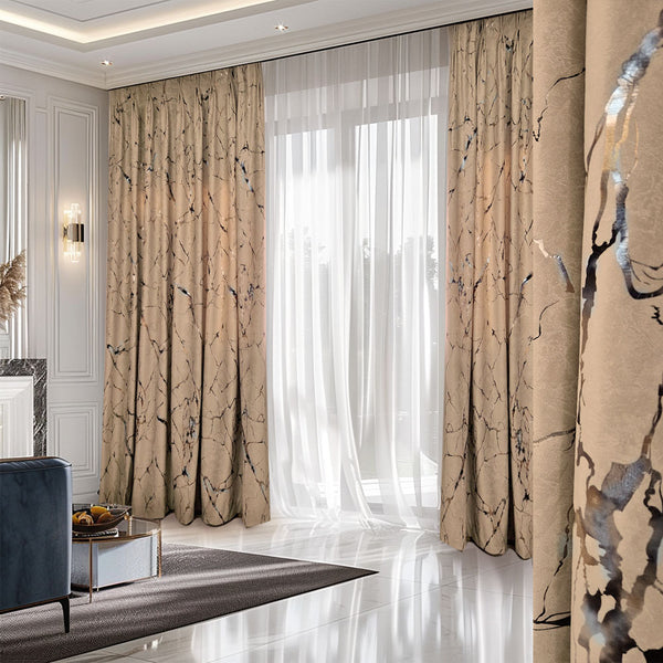 Folien gedruckter Samt 80% Verdunkelung Hellbeige – mit Kräuselband (1 Stück)