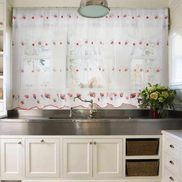 Küchenvorhang mit gesticktem Muster Rot/Weiß -  mit Gardinenband (1 Stück)