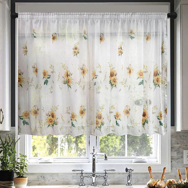 Küchenvorhang Sonnenblumenmuster Weiß – mit Kräuselband (1 Stück)
