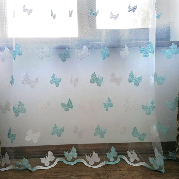 Gardinen mit Schmetterling Stickerei Weiß/Blau – mit Kräuselband (1 Stück)