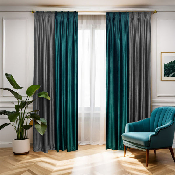 Duo-Samtvorhang – 80 % Lichtschutz,  Türkis-Grau– mit Kräuselband (1 Stück)