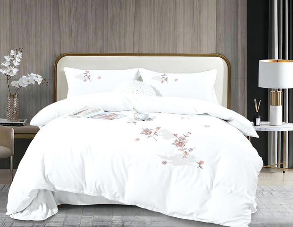 4-teiliges besticktes Bettwäsche-Set aus doppelt gewebter Feinbiber-Baumwolle Weiß