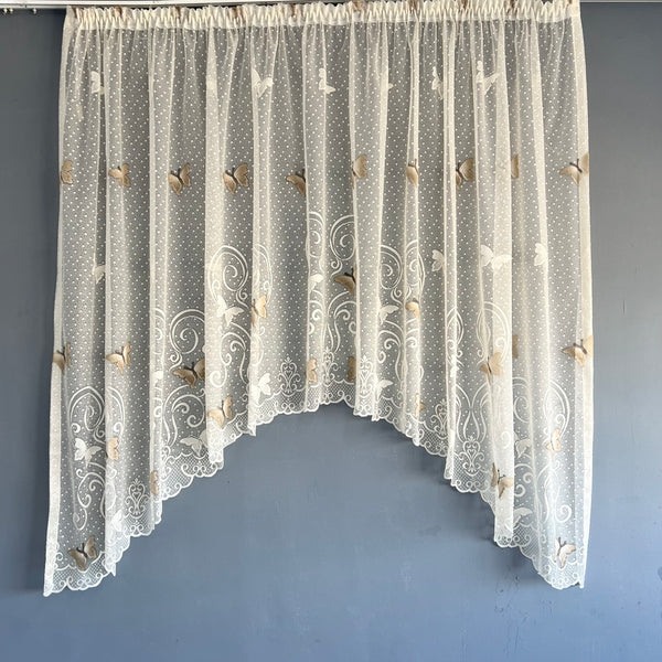 Küchenvorhang Schmetterlingsmuster Beige/elfenbeinweiß – mit Kräuselband (1 Stück)