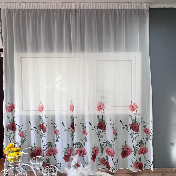 Gardine mit Rotemm Blumenmuster – mit Kräuselband (1 Stück)