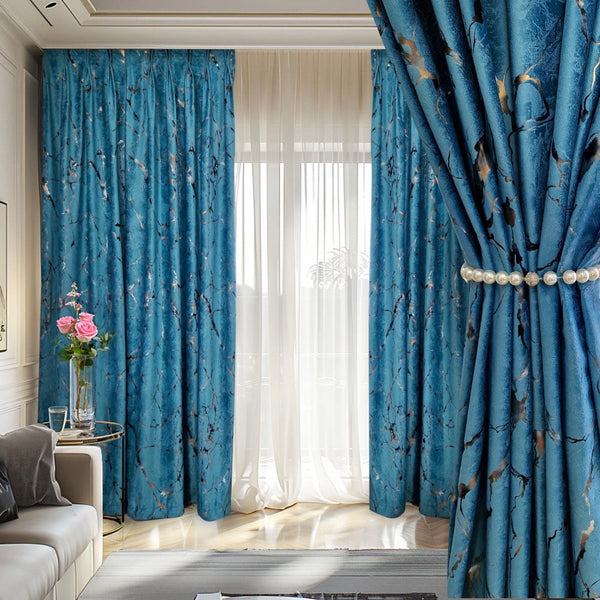 Folien gedruckter Samt 80% Verdunkelung Blau – mit Kräuselband (1 Stück)