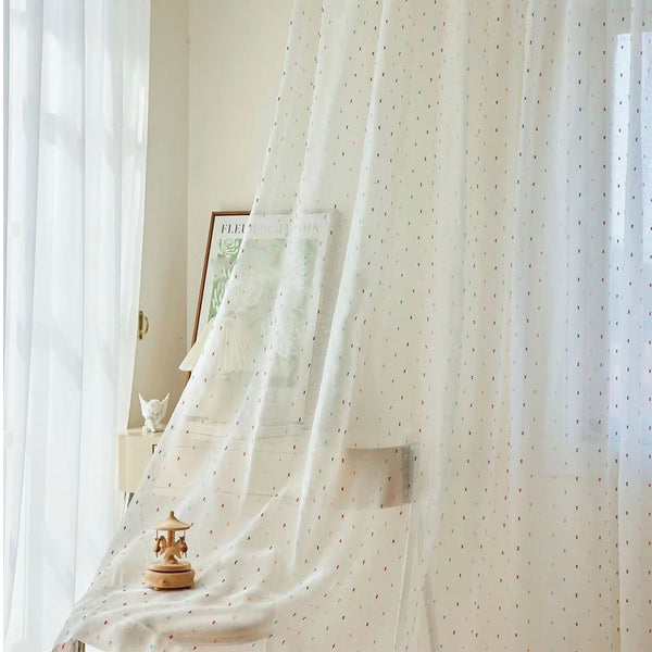 Durchsichtiger Boho-Vorhang mit bunten Bommeln Elfenbein – mit Kräuselband (1 Stück)