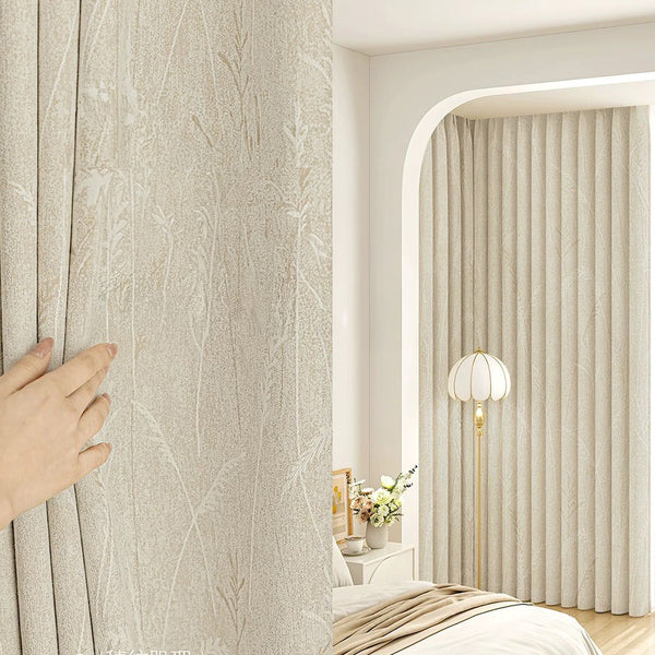 Vorhang Creamy Velvet floral Blumen Muster 95% Verdunkelung Elfenbein – mit Kräuselband (1 Stück)