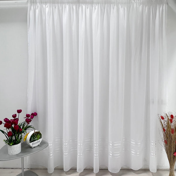 Gardine Voile mit Streifen Silber Weiß – mit Kräuselband (1 Stück)